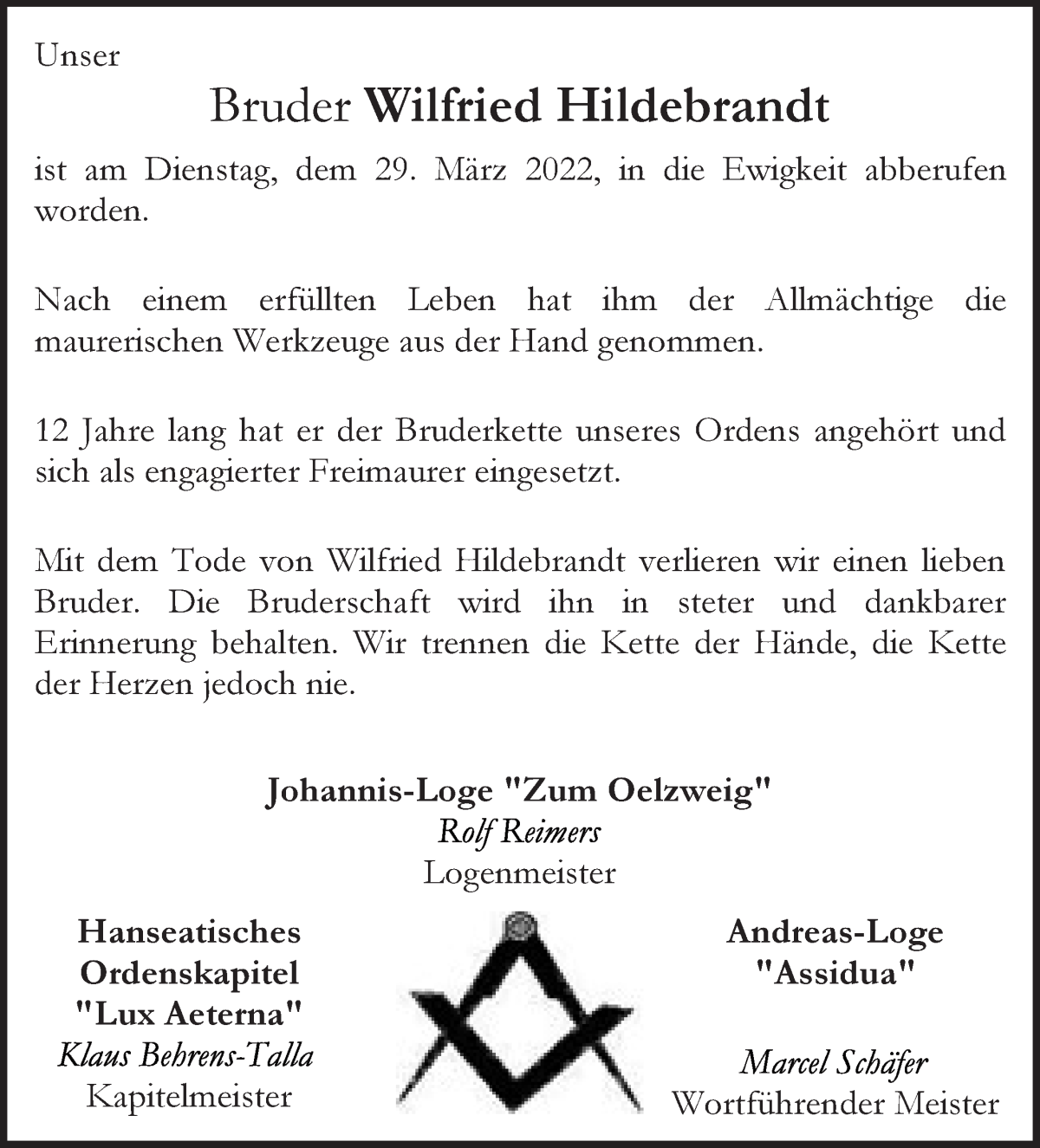 Traueranzeige von Wilfried Hildebrandt von WESER-KURIER