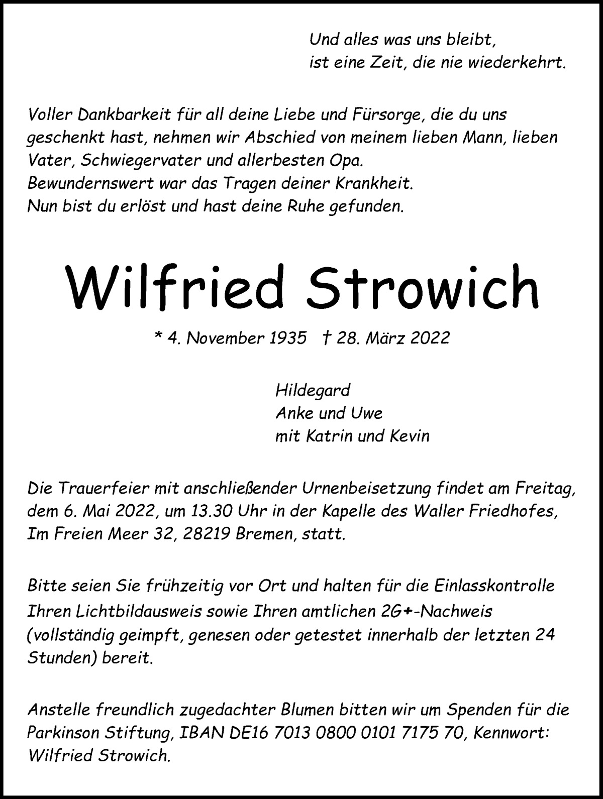  Traueranzeige für Wilfried Strowich vom 09.04.2022 aus WESER-KURIER