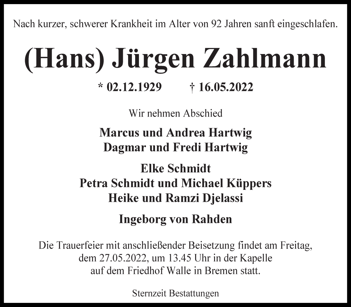 Traueranzeige von (Hans) Jürgen Zahlmann von WESER-KURIER