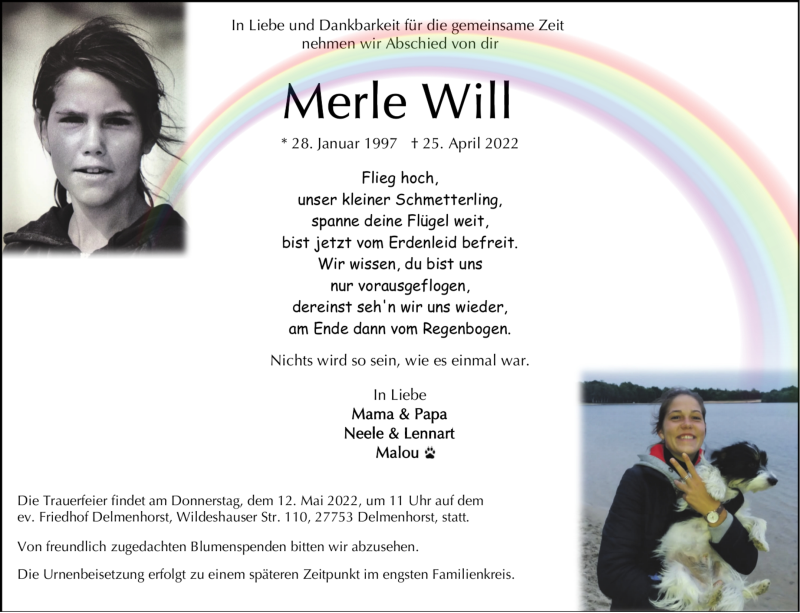  Traueranzeige für Merle Will vom 07.05.2022 aus Delmenhorster Kurier
