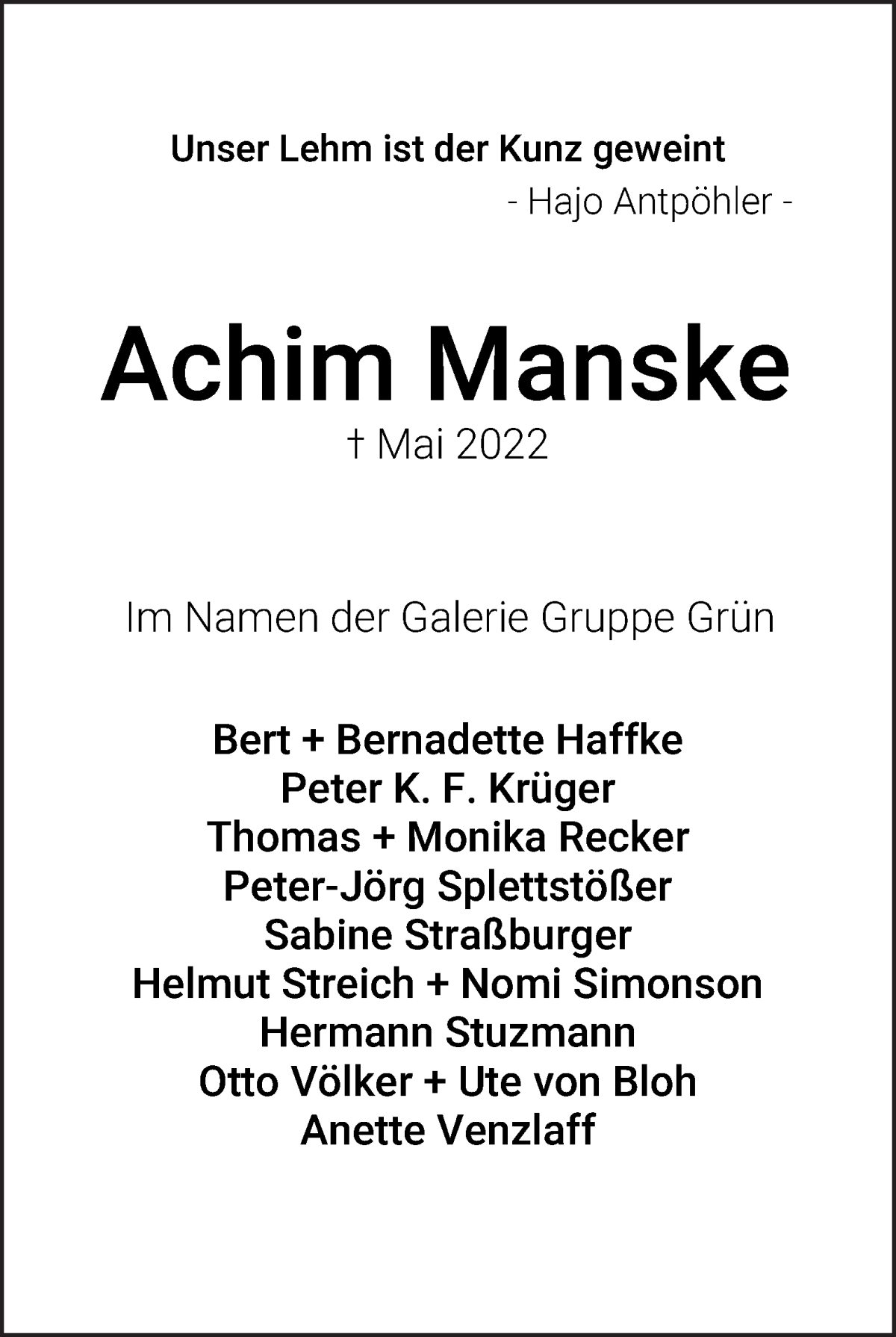  Traueranzeige für Achim Manske vom 21.05.2022 aus WESER-KURIER