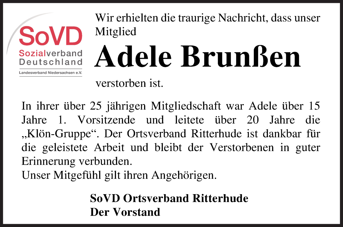 Traueranzeige von Adele Brunßen von Osterholzer Kreisblatt