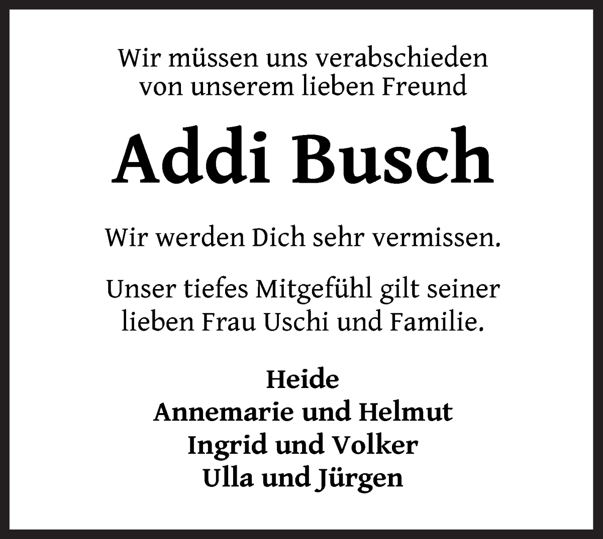 Traueranzeige von Adolf Busch von WESER-KURIER