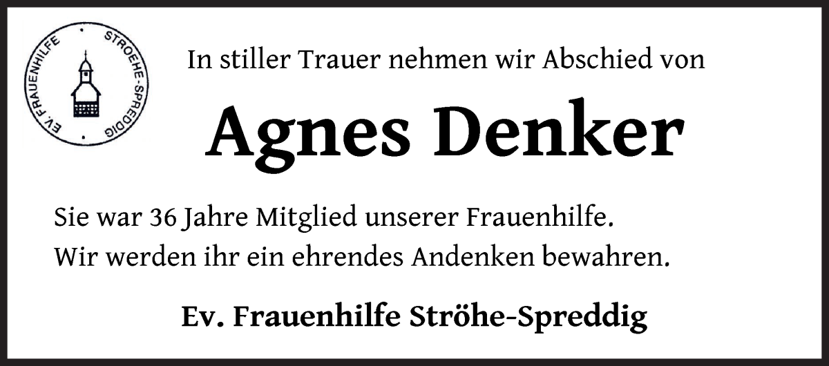  Traueranzeige für Agnes Denker vom 12.05.2022 aus Osterholzer Kreisblatt
