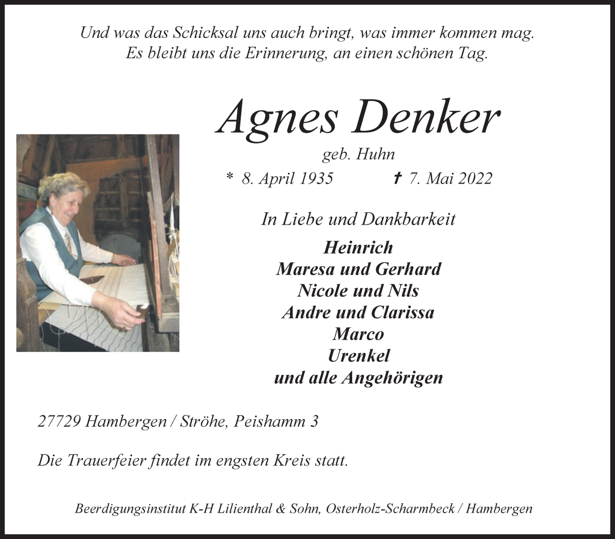  Traueranzeige für Agnes Denker vom 11.05.2022 aus Osterholzer Kreisblatt