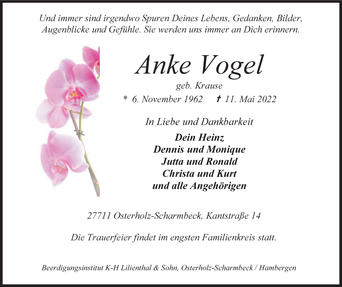  Traueranzeige für Anke Vogel vom 14.05.2022 aus Osterholzer Kreisblatt