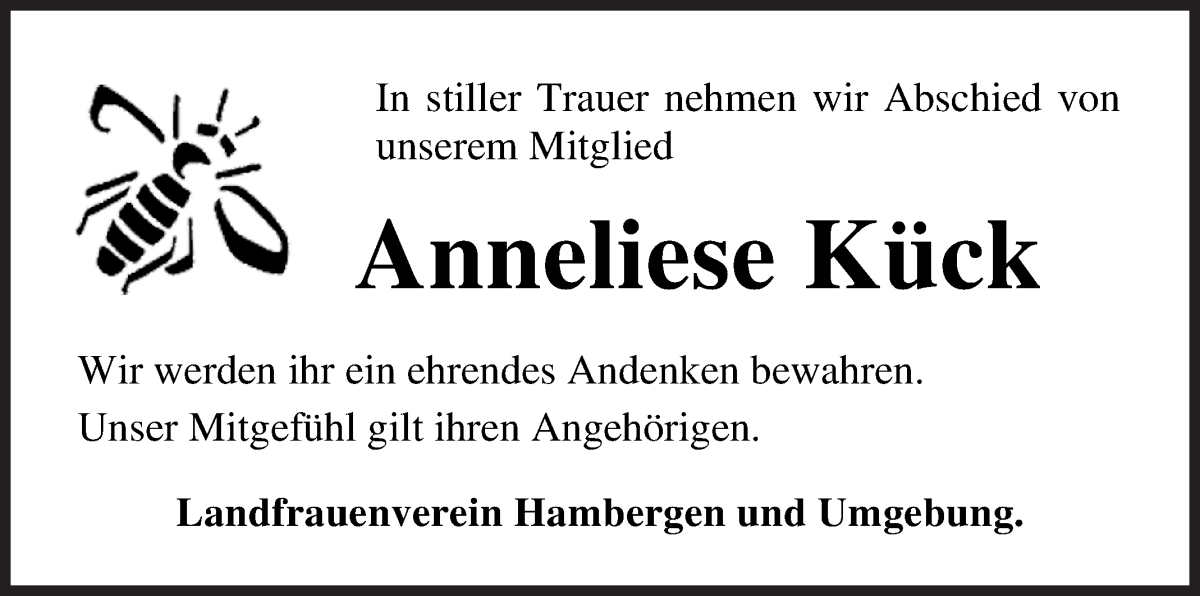 Traueranzeige von Anneliese Kück von Osterholzer Kreisblatt