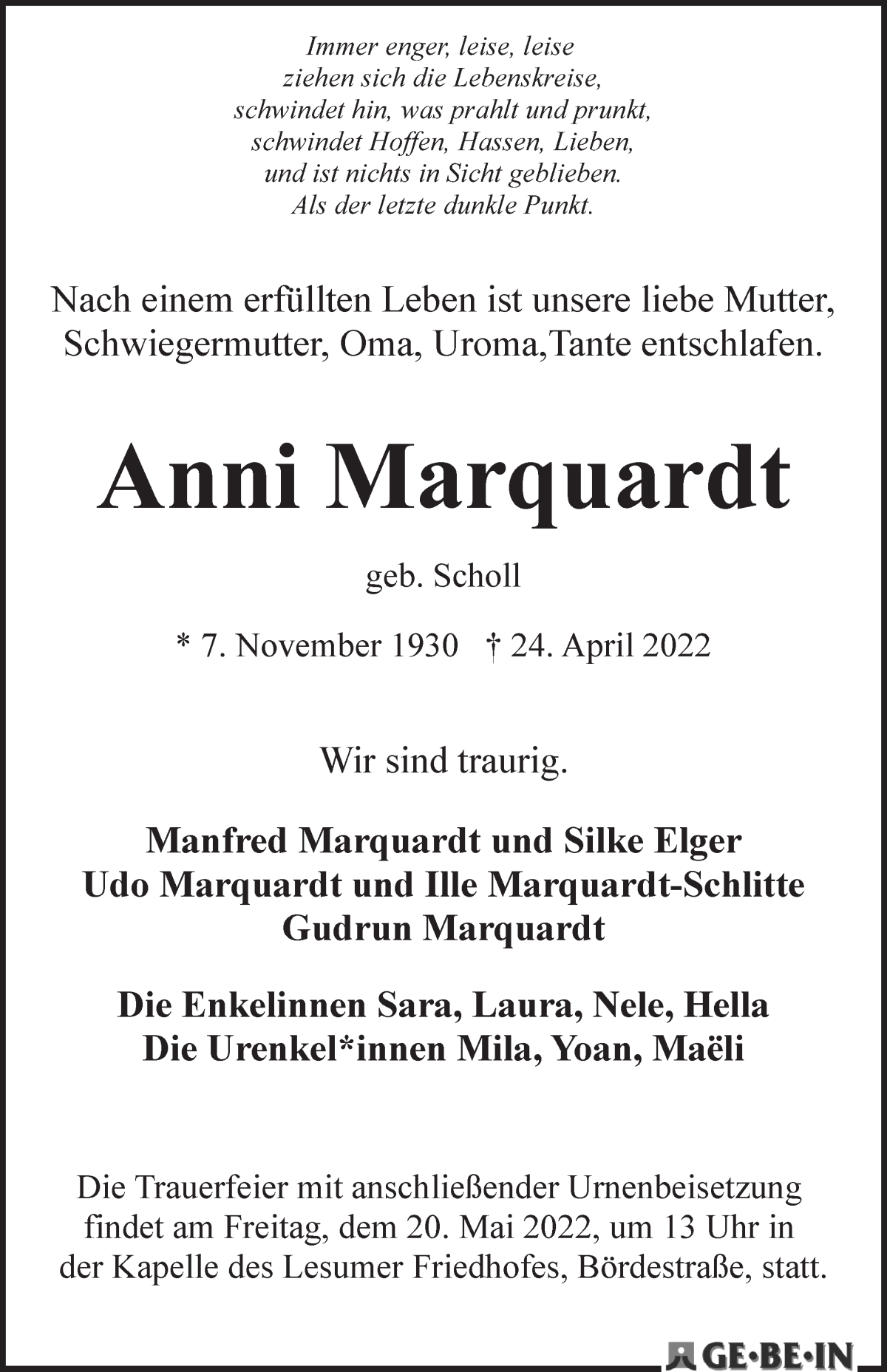  Traueranzeige für Anni Marquardt vom 14.05.2022 aus WESER-KURIER