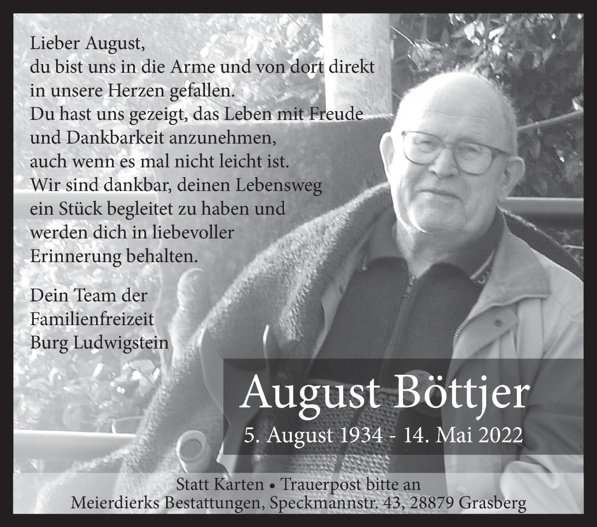 Traueranzeige von August Böttjer von Wuemme Zeitung