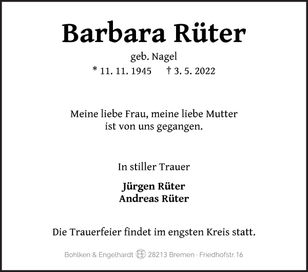 Traueranzeige von Barbara Rüter von WESER-KURIER