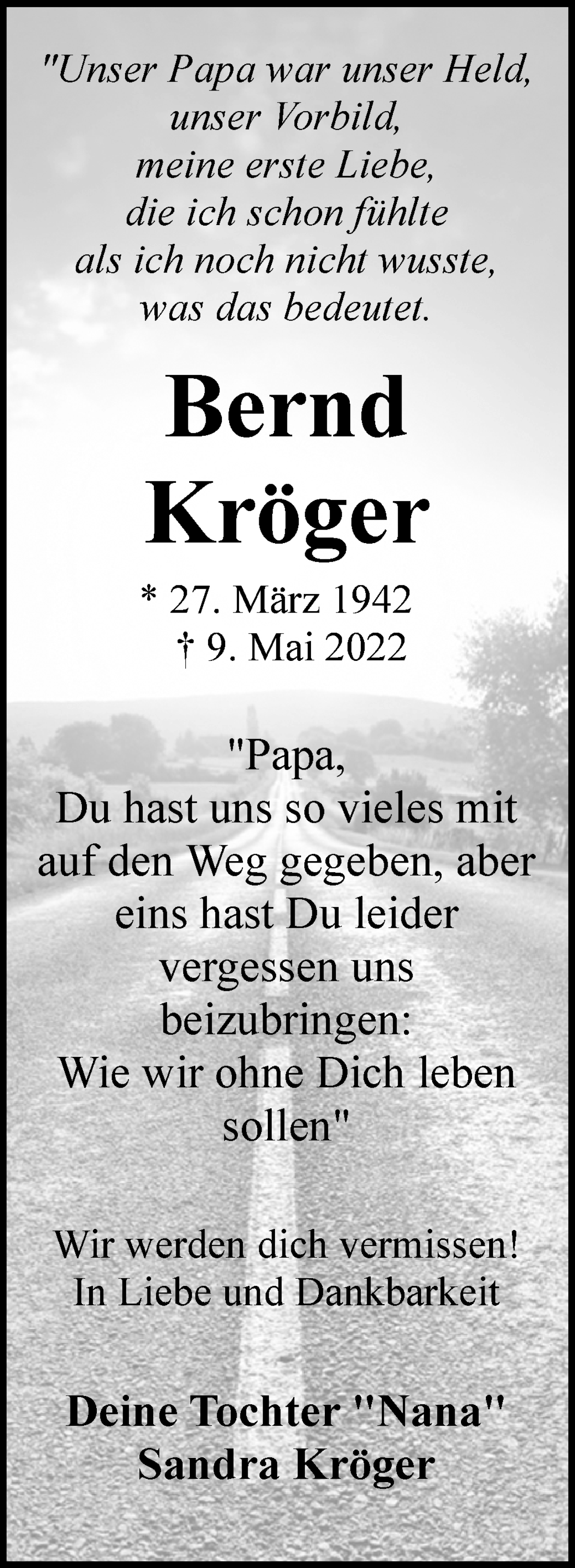  Traueranzeige für Bernd Kröger vom 21.05.2022 aus WESER-KURIER