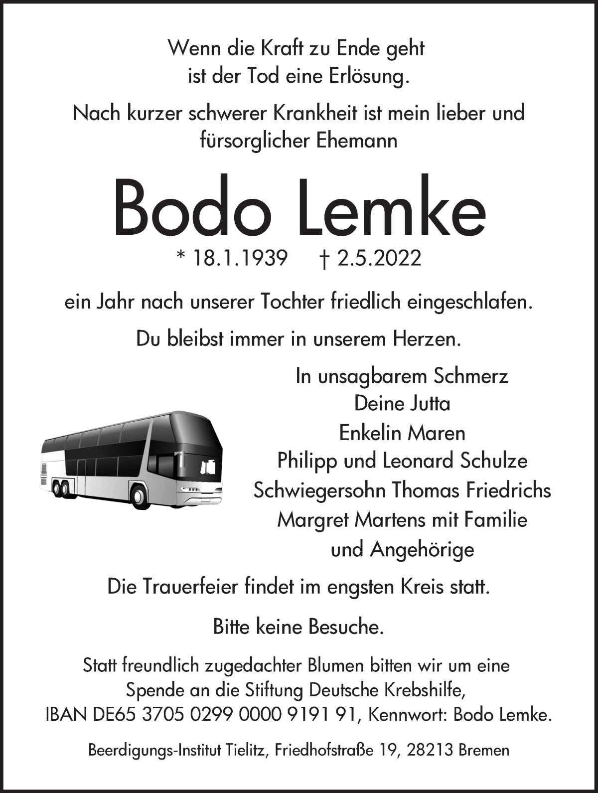  Traueranzeige für Bodo Lemke vom 07.05.2022 aus WESER-KURIER