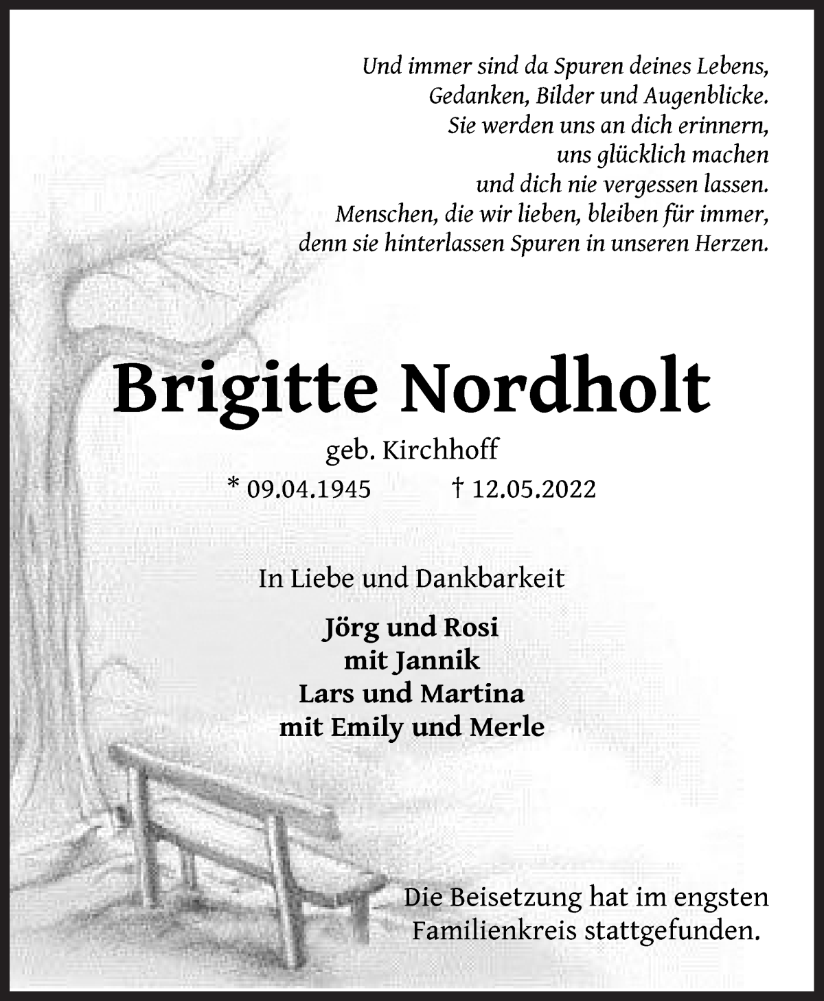  Traueranzeige für Brigitte Nordholt vom 21.05.2022 aus Die Norddeutsche