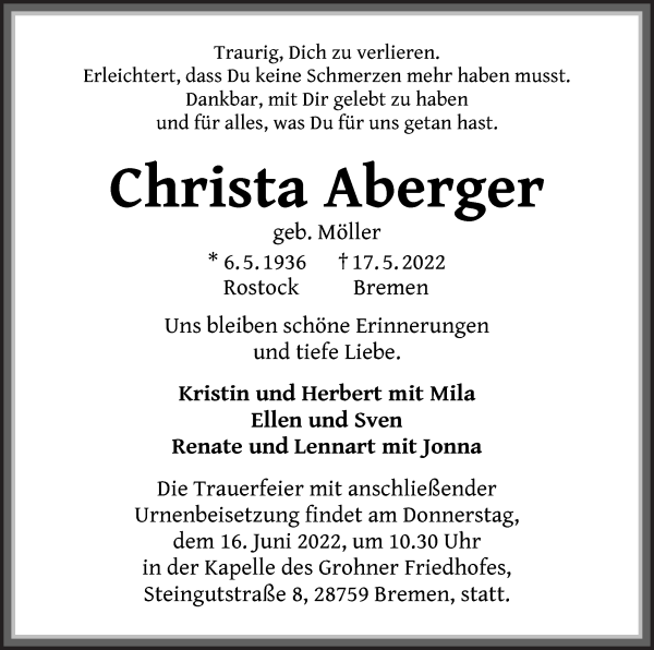 Traueranzeige von Christa Aberger von Die Norddeutsche
