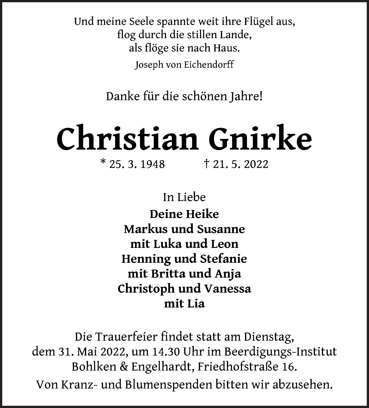 Traueranzeige von Christian Gnirke von WESER-KURIER