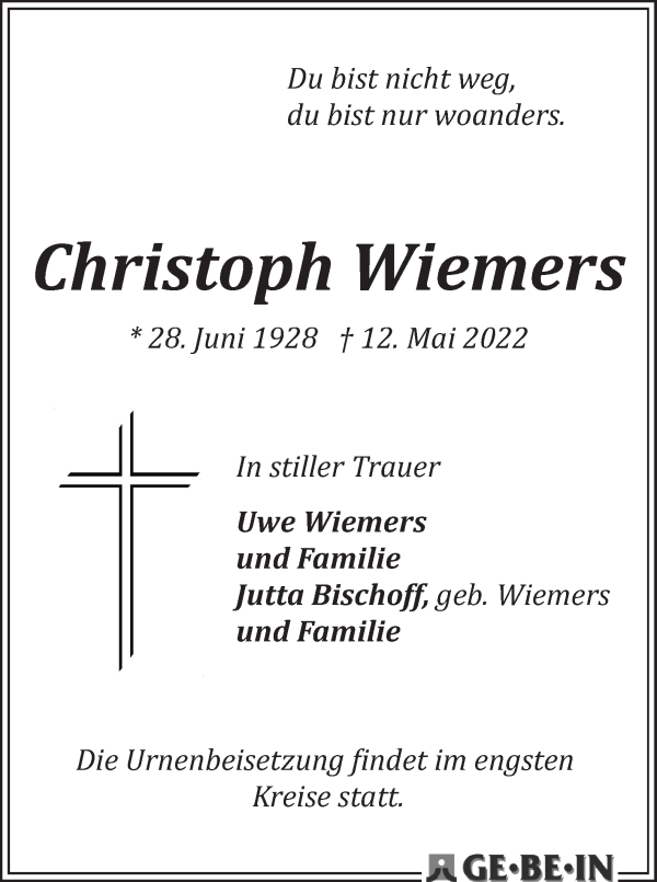 Traueranzeige von Christoph Wiemers von WESER-KURIER