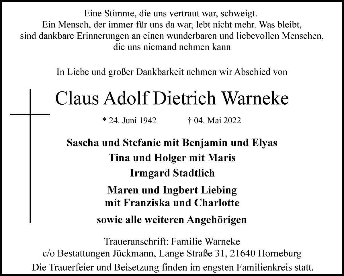  Traueranzeige für Claus Adolf Dietrich Warneke vom 14.05.2022 aus Regionale Rundschau/Syker Kurier