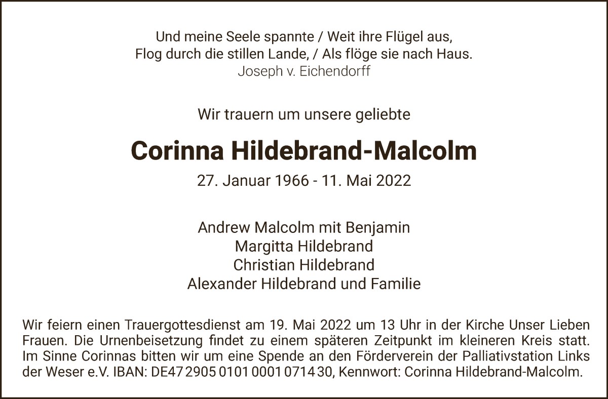  Traueranzeige für Corinna Hildebrand-Malcolm vom 18.05.2022 aus WESER-KURIER