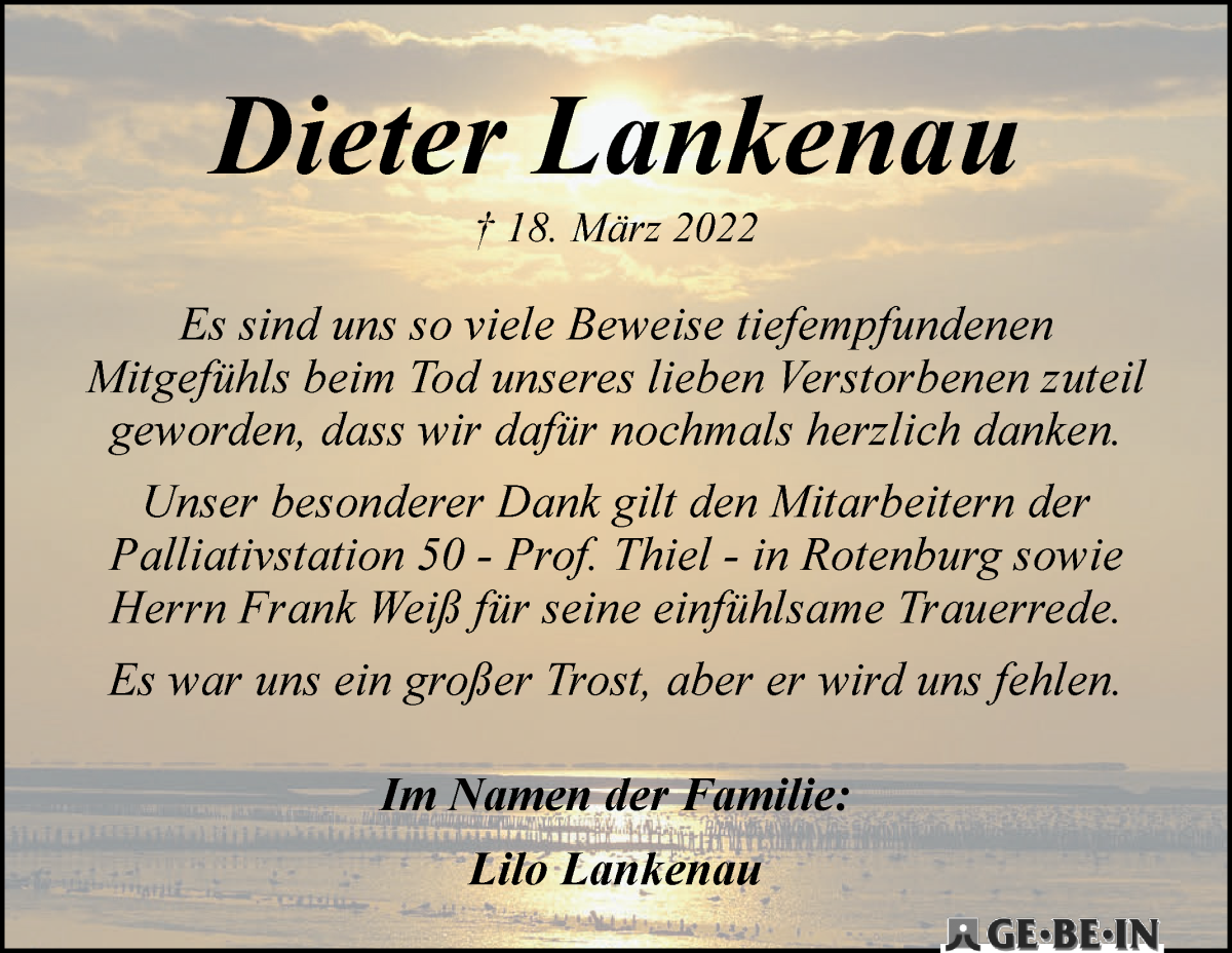  Traueranzeige für Dieter Lankenau vom 07.05.2022 aus WESER-KURIER