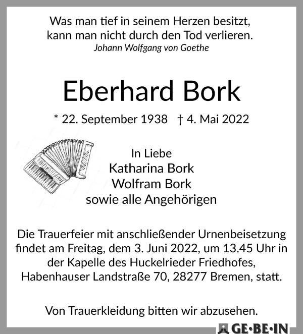 Traueranzeige von Eberhard Bork von WESER-KURIER