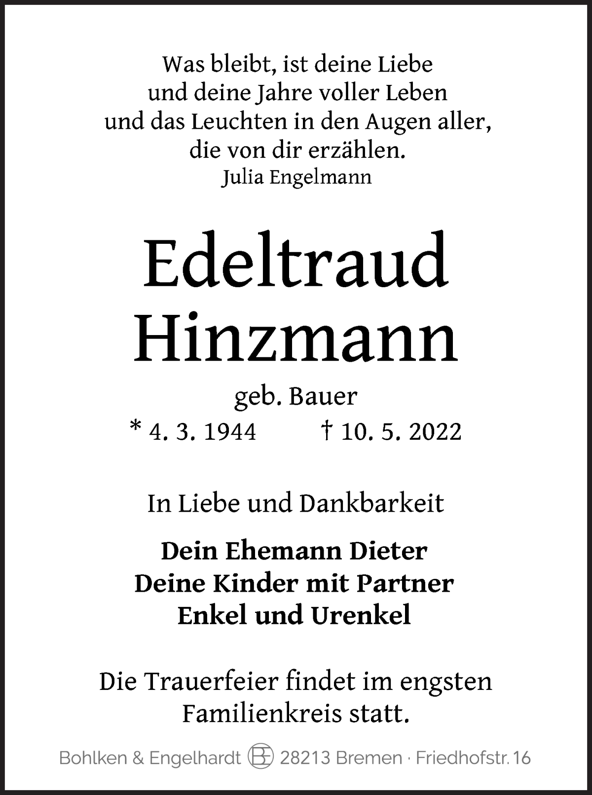  Traueranzeige für Edeltraud Hinzmann vom 14.05.2022 aus WESER-KURIER