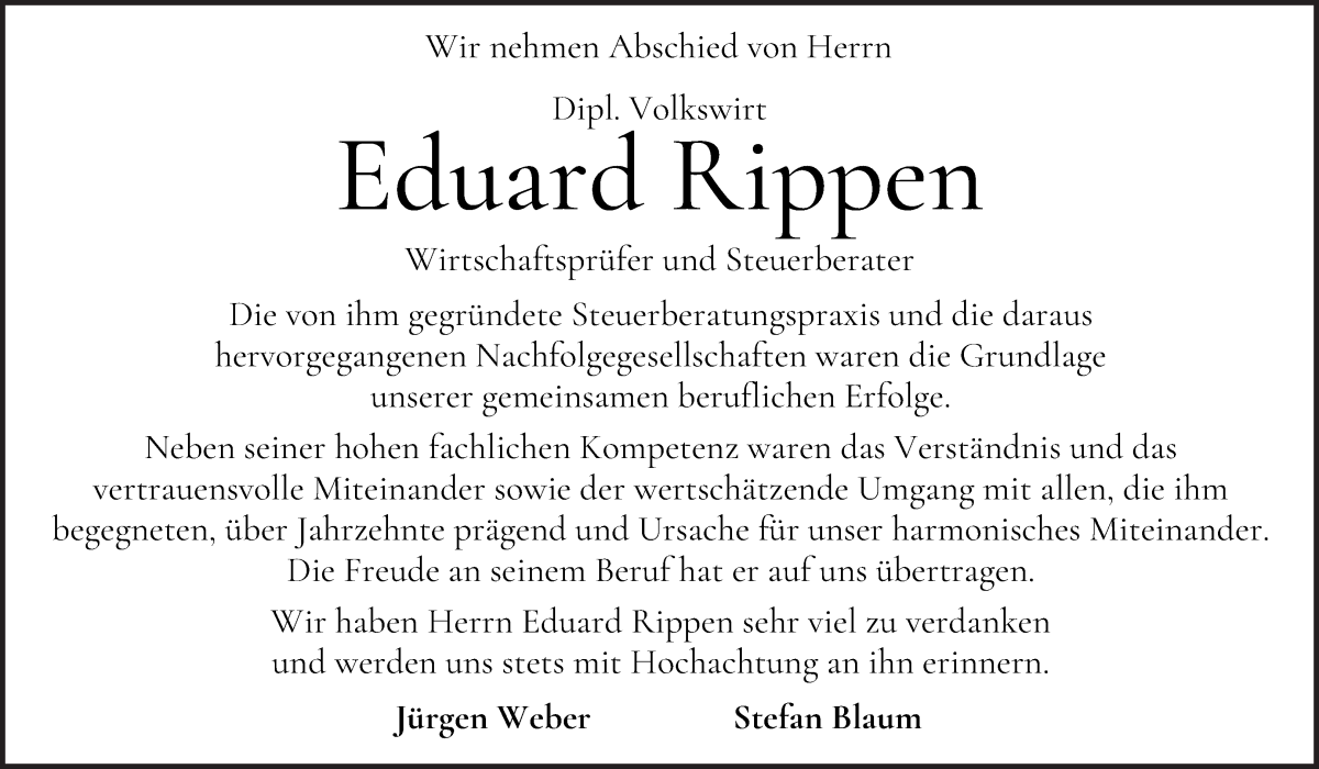 Traueranzeige von Eduard Rippen von WESER-KURIER