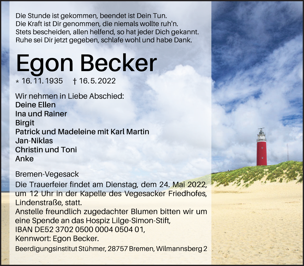  Traueranzeige für Egon Becker vom 21.05.2022 aus Die Norddeutsche