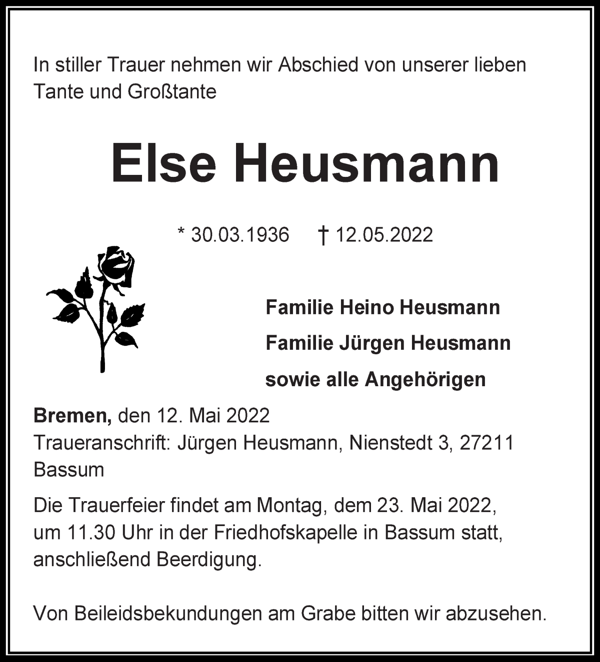  Traueranzeige für Else Heusmann vom 18.05.2022 aus WESER-KURIER