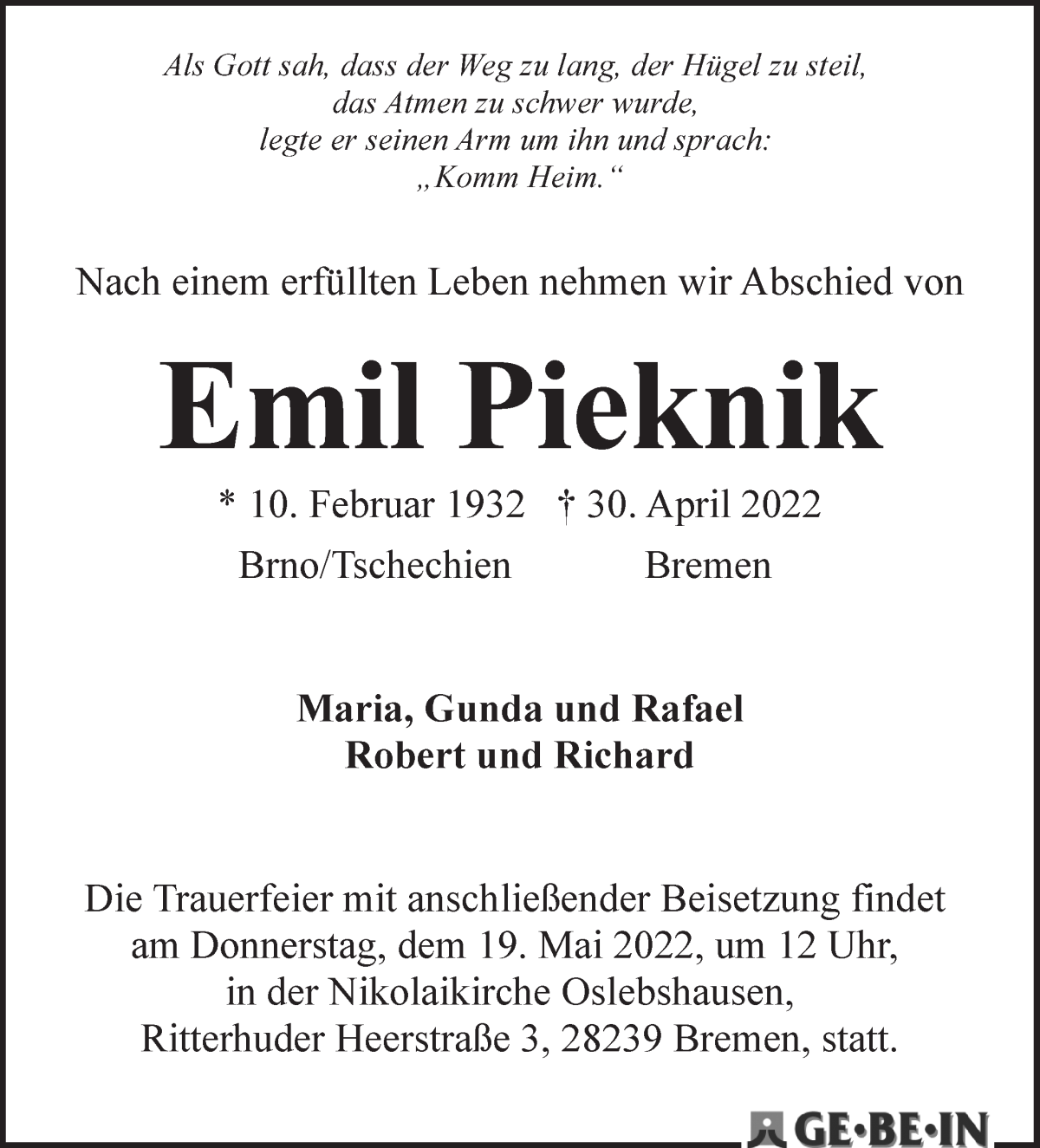  Traueranzeige für Emil Pieknik vom 07.05.2022 aus WESER-KURIER