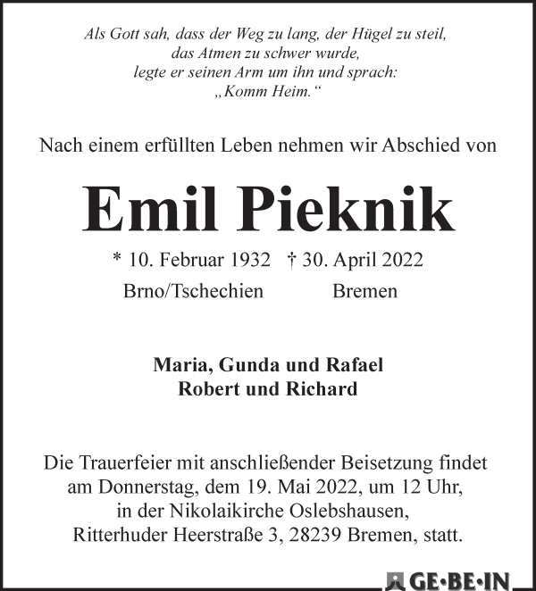 Traueranzeige von Emil Pieknik von WESER-KURIER