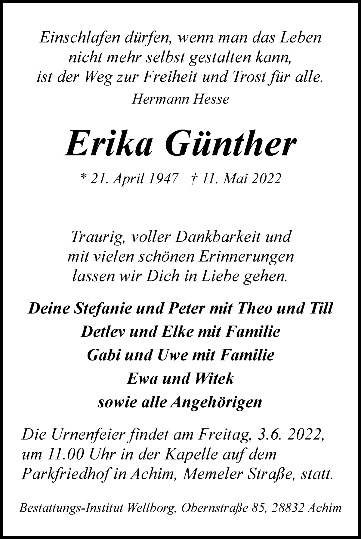  Traueranzeige für Erika Günther vom 21.05.2022 aus WESER-KURIER