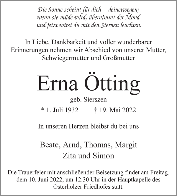 Traueranzeige von Erna Ötting von WESER-KURIER