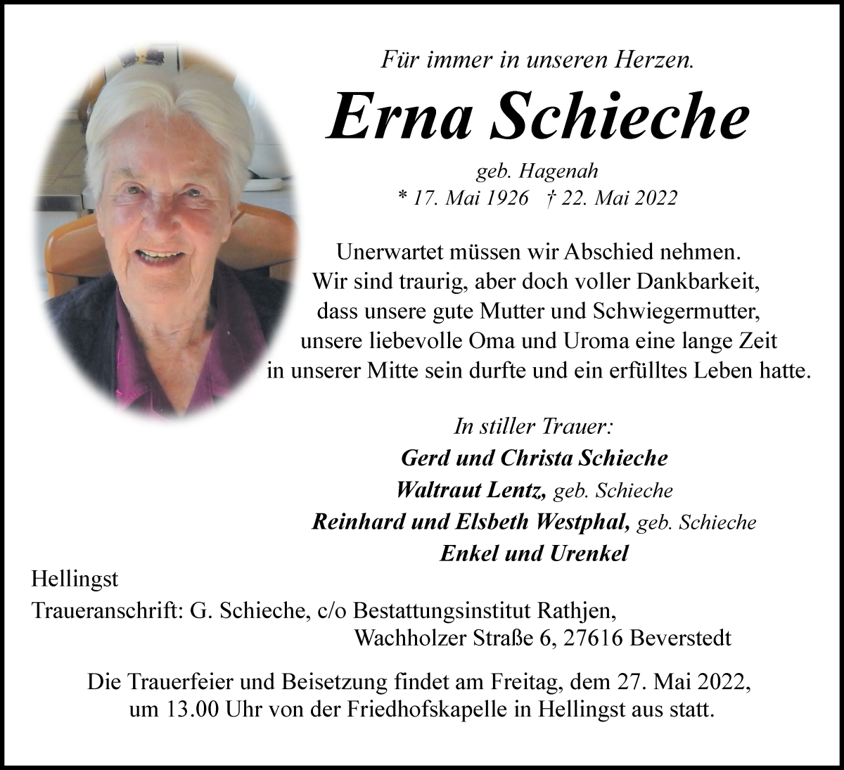 Traueranzeige von Erna Schieche von Osterholzer Kreisblatt