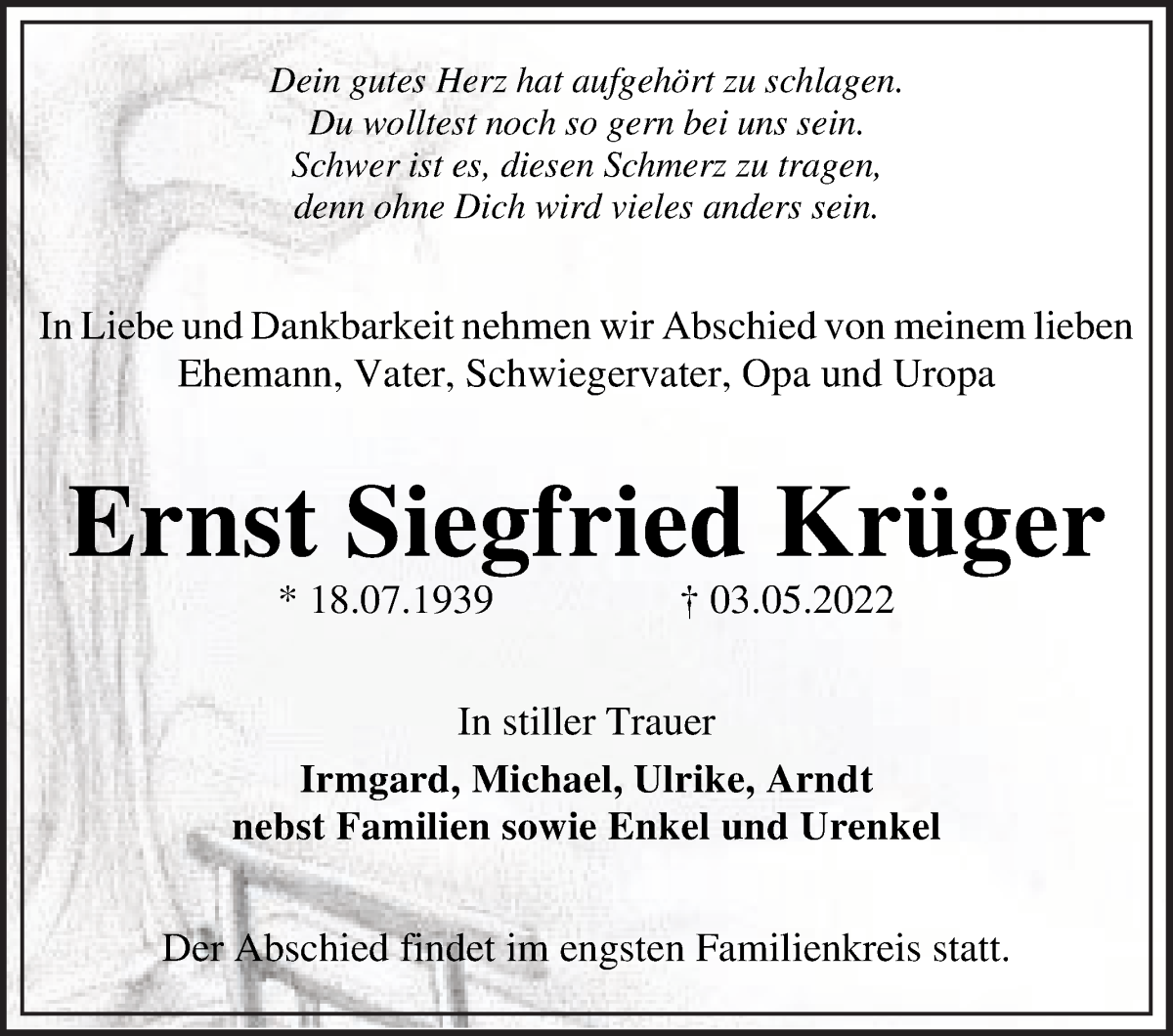  Traueranzeige für Ernst Siegfried Krüger vom 07.05.2022 aus WESER-KURIER
