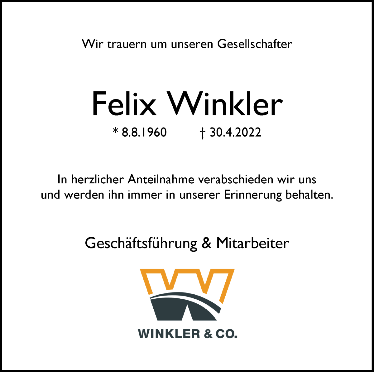  Traueranzeige für Felix Winkler vom 07.05.2022 aus WESER-KURIER