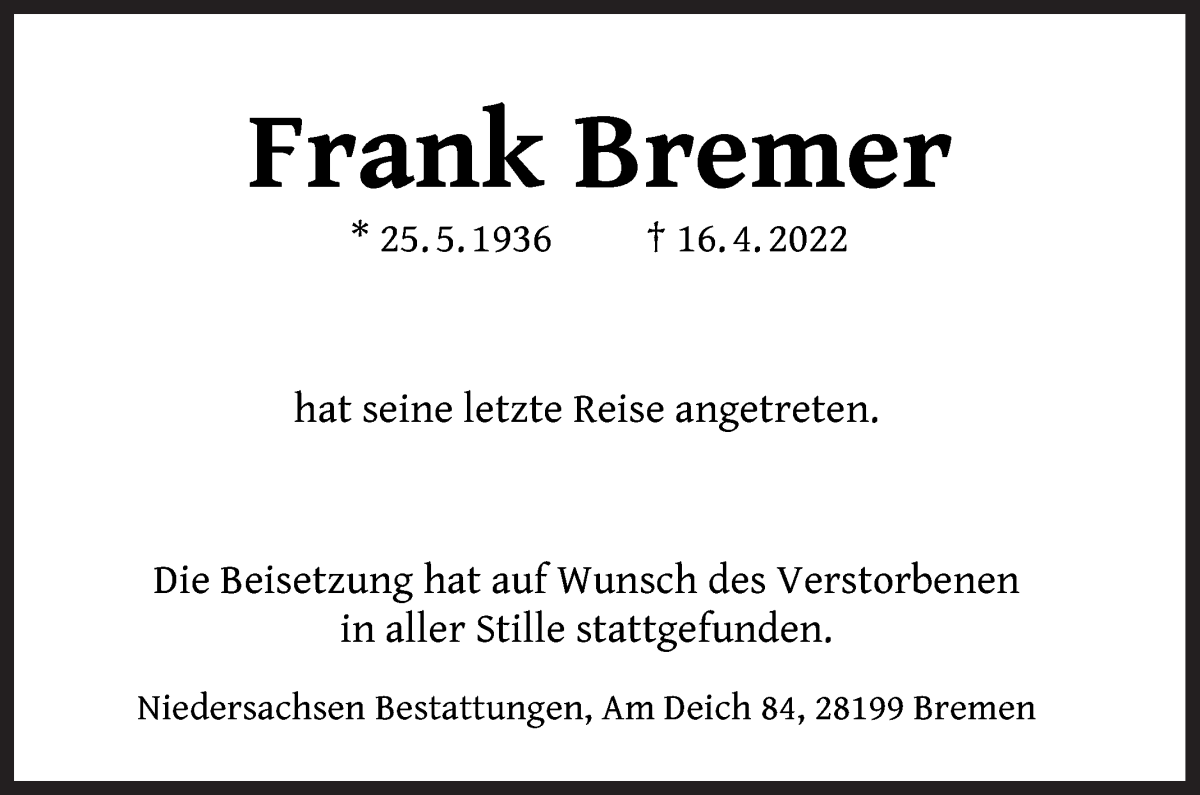  Traueranzeige für Frank Bremer vom 21.05.2022 aus WESER-KURIER