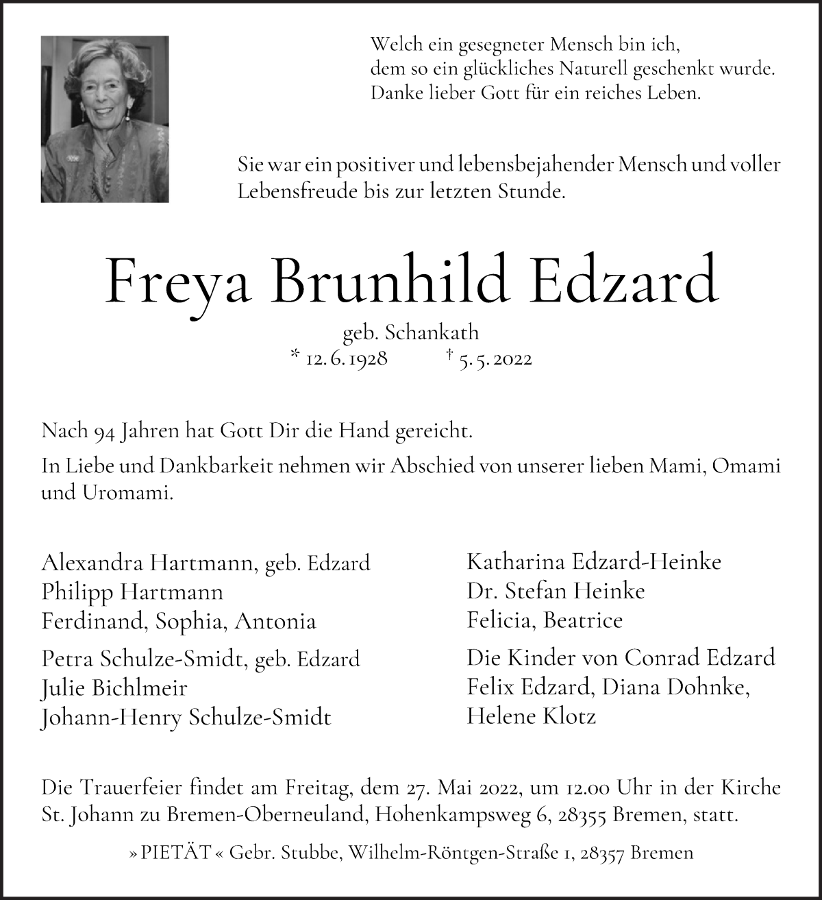 Traueranzeige für Freya Brunhild Edzard vom 14.05.2022 aus WESER-KURIER