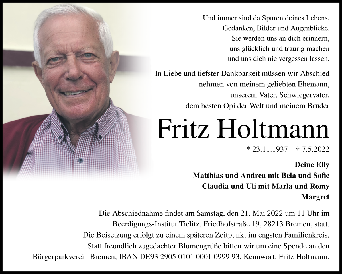  Traueranzeige für Fritz Holtmann vom 18.05.2022 aus WESER-KURIER