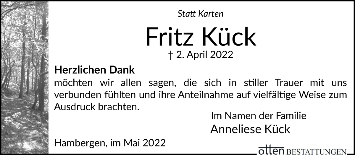 Traueranzeige für Fritz Kück vom 14.05.2022 aus Osterholzer Kreisblatt
