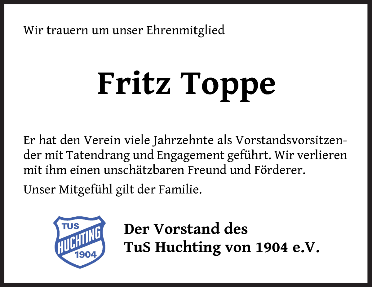Traueranzeige von Fritz Toppe von WESER-KURIER