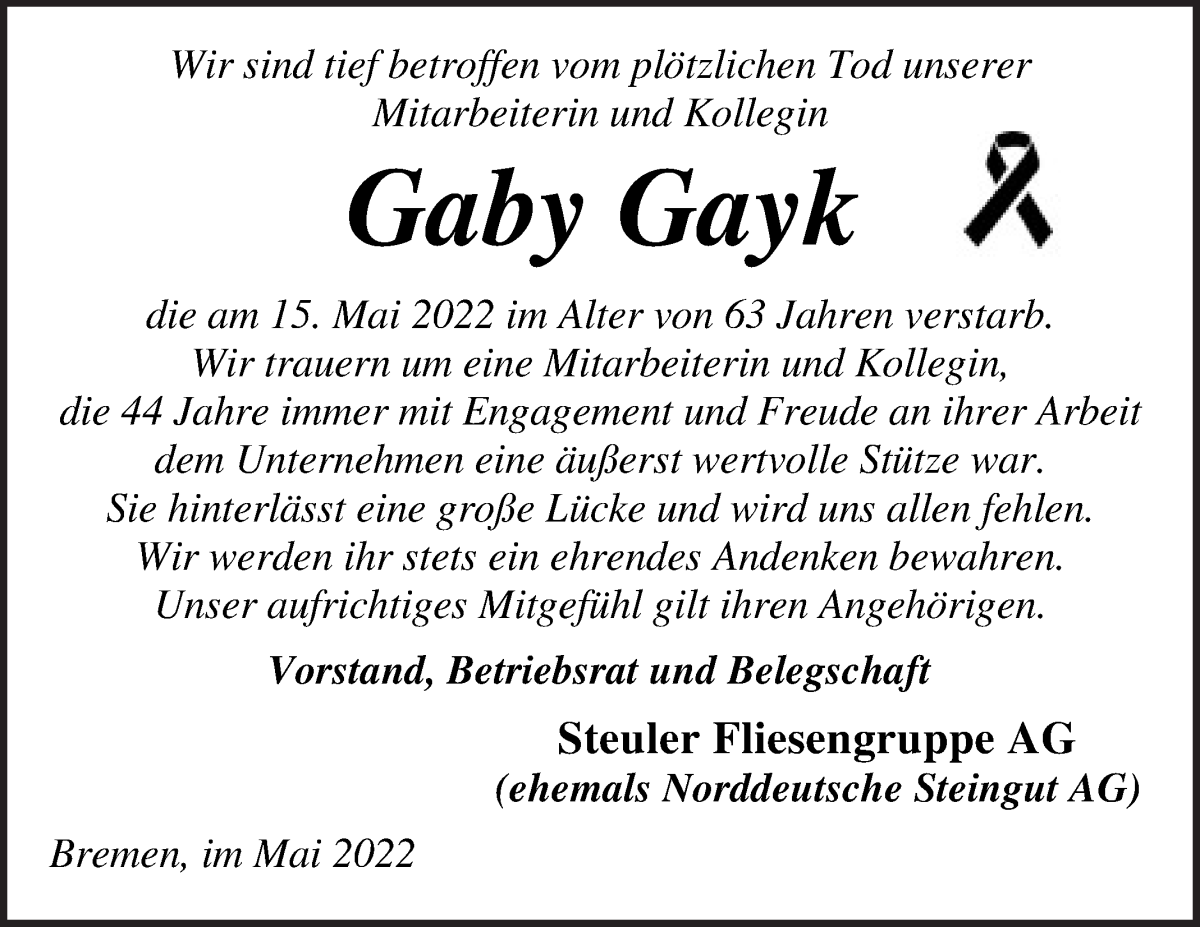  Traueranzeige für Gaby Gayk vom 28.05.2022 aus Die Norddeutsche