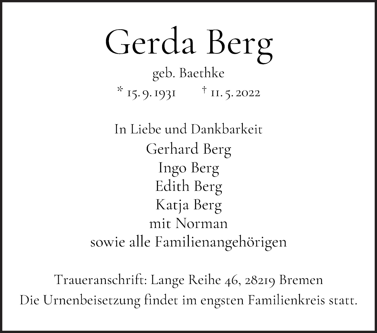  Traueranzeige für Gerda Berg vom 14.05.2022 aus WESER-KURIER