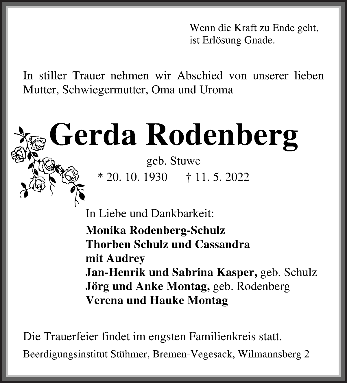 Traueranzeige von Gerda Rodenberg von Die Norddeutsche