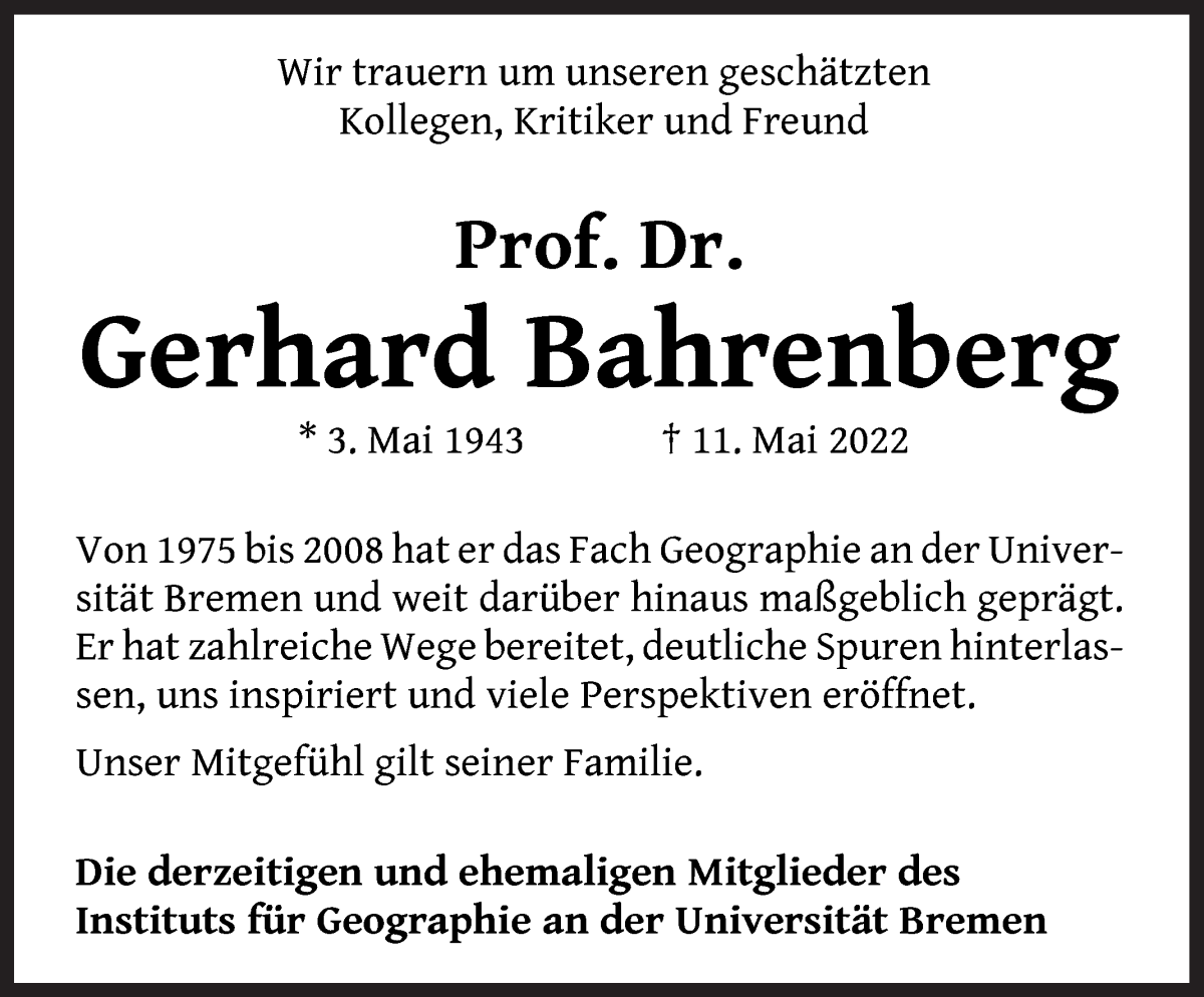  Traueranzeige für Gerhard Bahrenberg vom 19.05.2022 aus WESER-KURIER