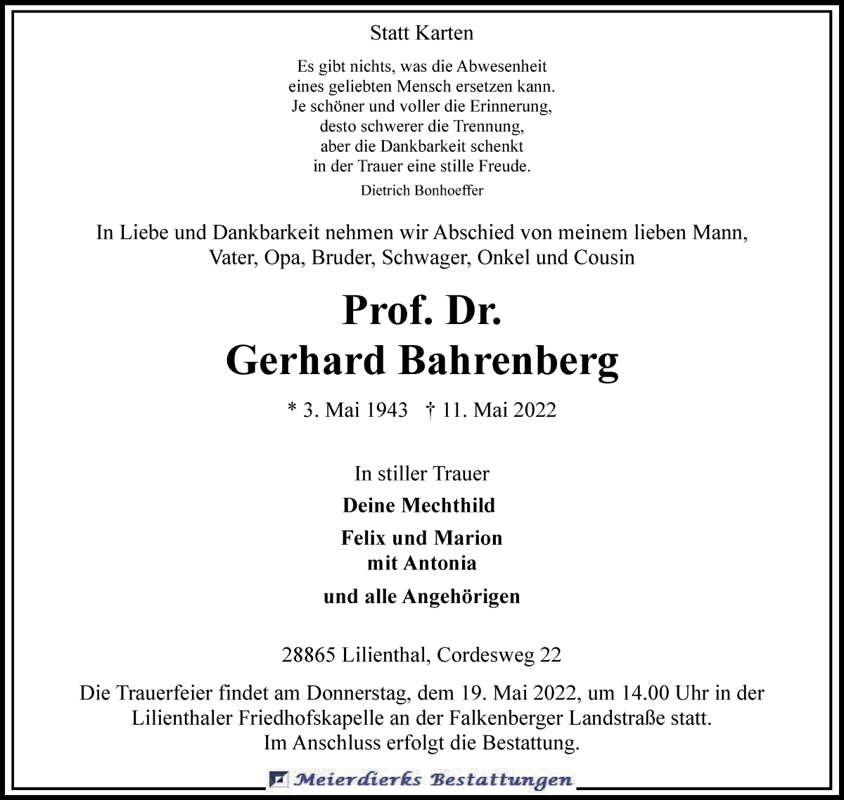  Traueranzeige für Gerhard Bahrenberg vom 16.05.2022 aus WESER-KURIER