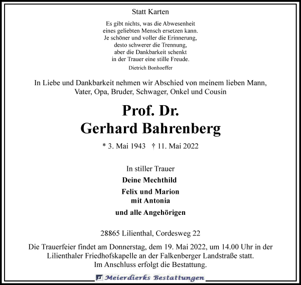 Traueranzeige von Gerhard Bahrenberg von WESER-KURIER