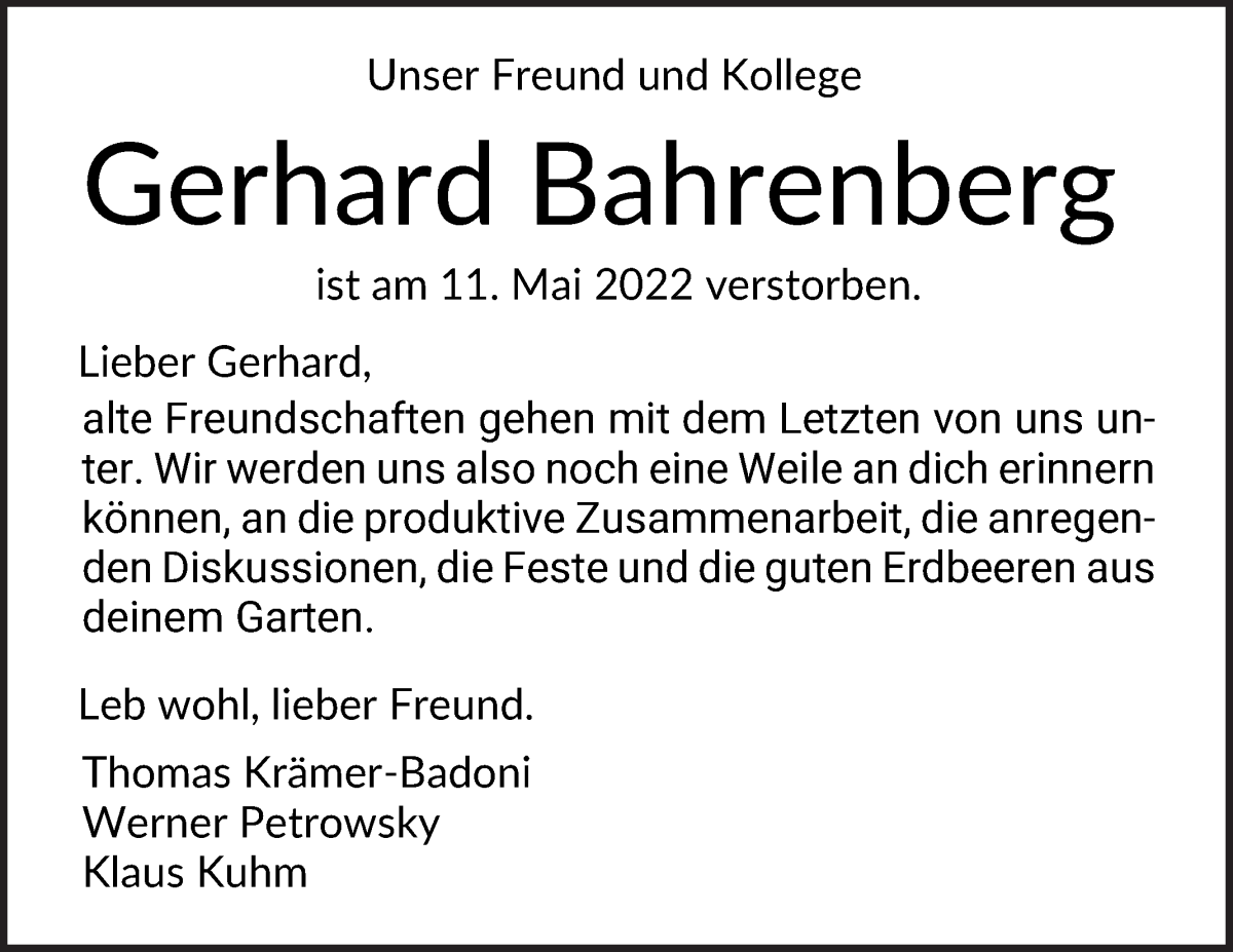  Traueranzeige für Gerhard Bahrenberg vom 20.05.2022 aus WESER-KURIER