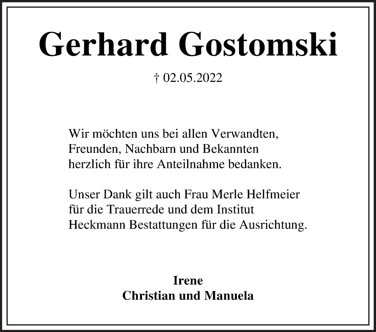  Traueranzeige für Gerhard Gostomski vom 28.05.2022 aus Die Norddeutsche
