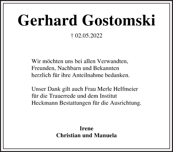 Traueranzeige von Gerhard Gostomski