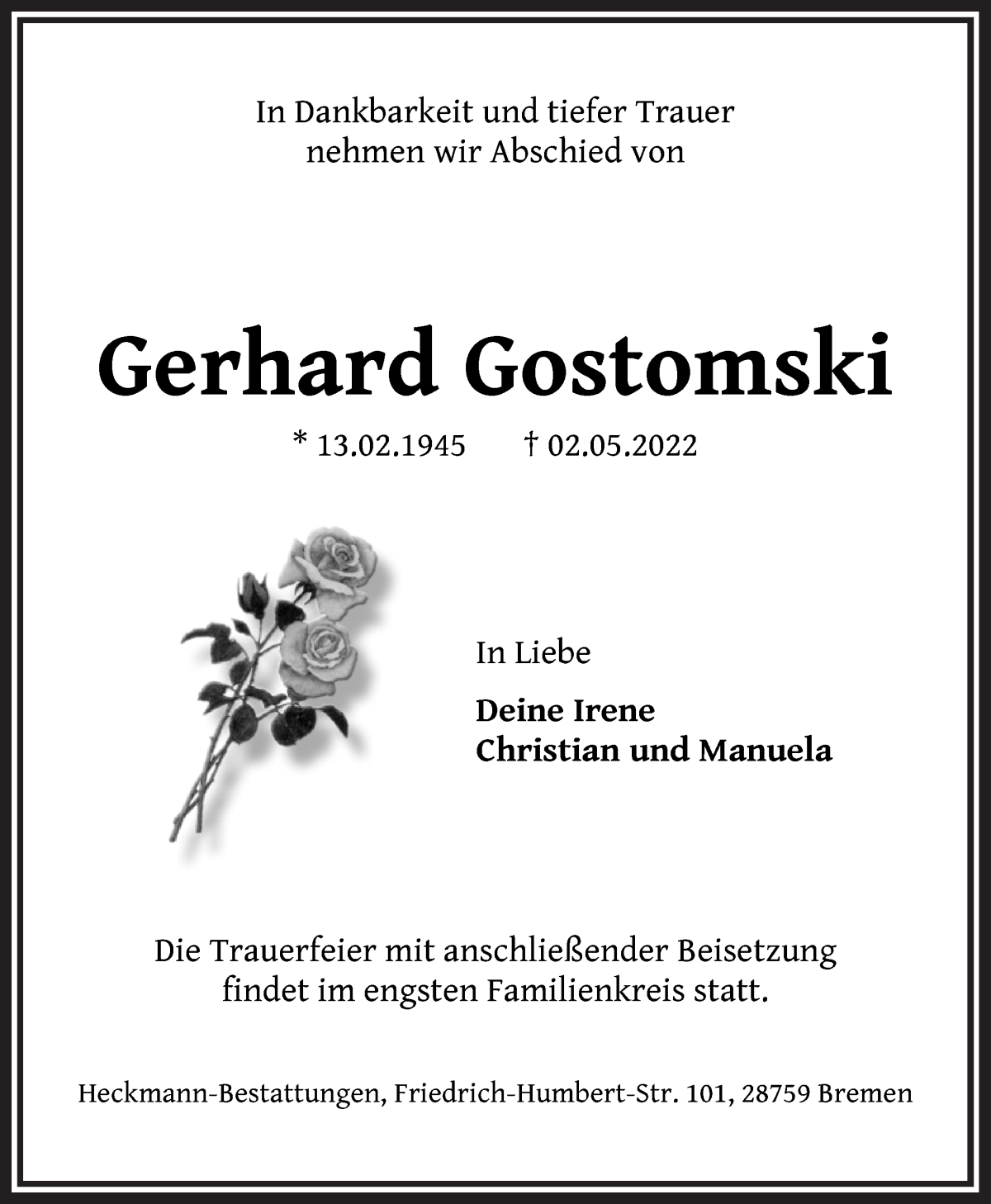  Traueranzeige für Gerhard Gostomski vom 07.05.2022 aus Die Norddeutsche